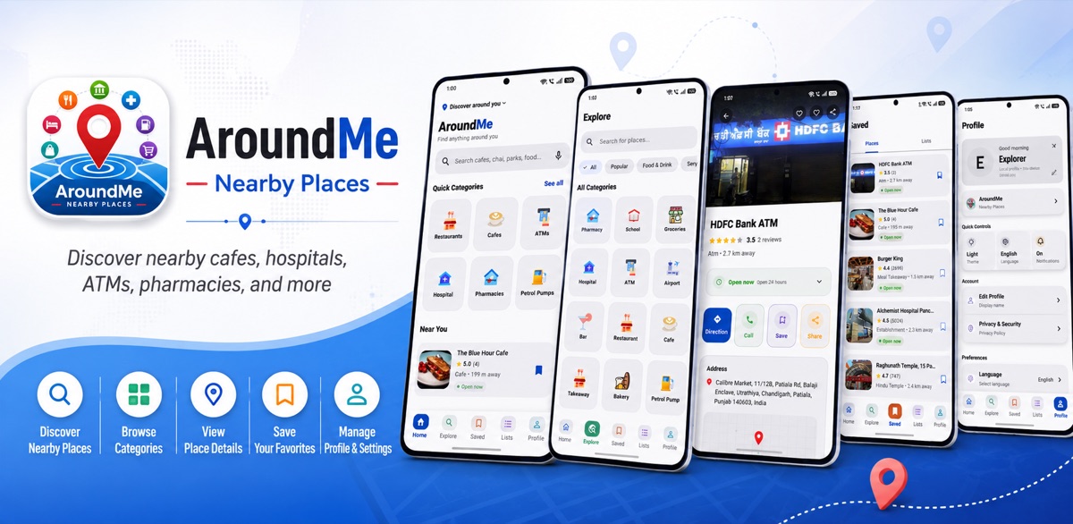 AroundMe app screens showing home, explore, place details, saved places, and profile