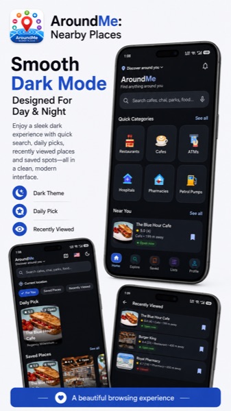 AroundMe dark mode interface