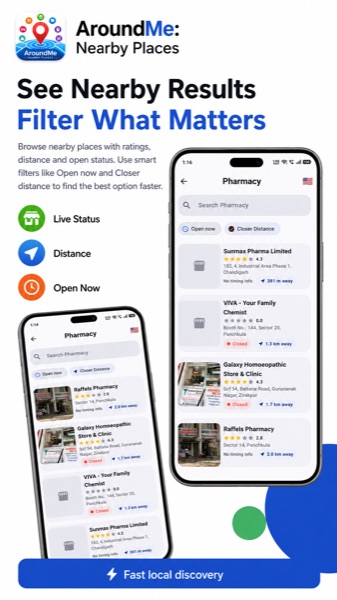 AroundMe nearby results list with ratings, distance, and open status