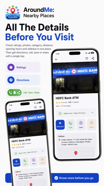 AroundMe place details screen with directions, call, save, and share