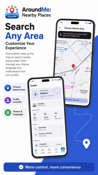 AroundMe search-any-area map and profile settings